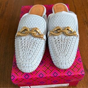 Tory Burch $348 Jessa Woven Backless Loafer Crisp Blue Sz 5 EUC